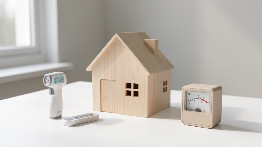 Thermomètre infrarouge posé sur un rebord de fenêtre dans une maison ancienne, thème audit énergétique et énergies vertes